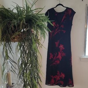 Women's Black Midi Dress with Red Floral Accents